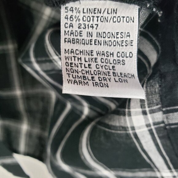 Talbots Irish Linen Blend Button Up Shirt Black White Plaid 3/4 Sleeve Size 14W - Picture 7 of 7